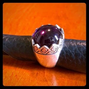 Purple glass chunky ring silver color metal